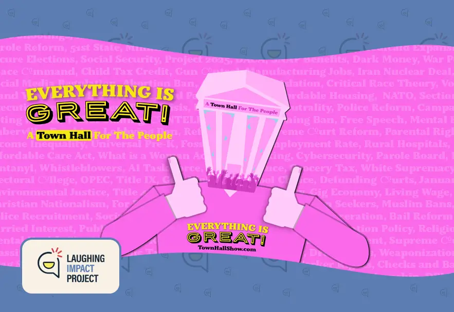 this is an image of the Everything Is Great logo, a humanoid with a Town Hall for a head, give two thumbs up.
