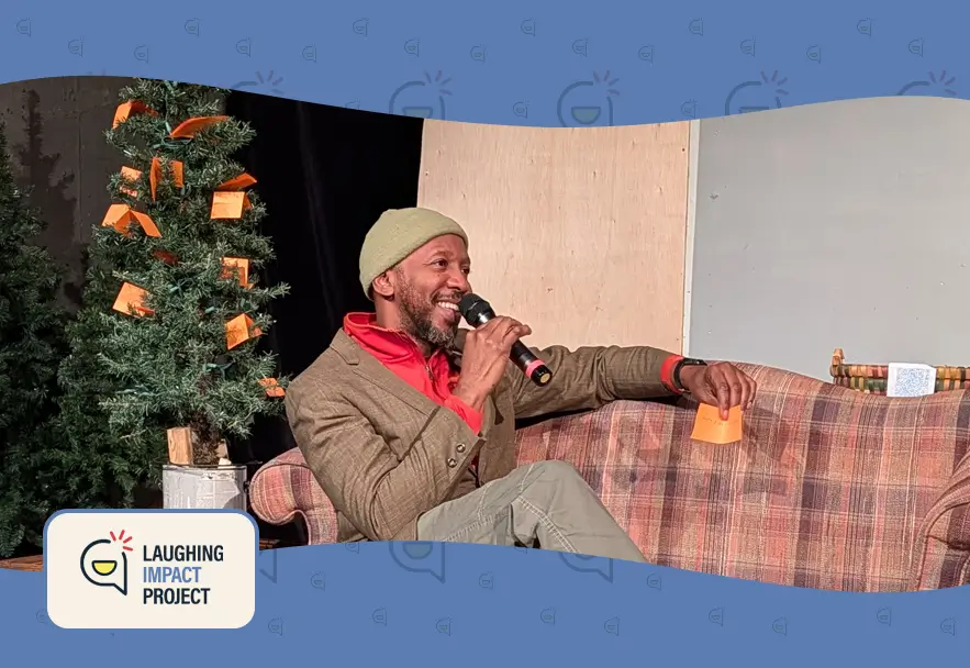 Christopher Davis reads submitted news at Sunday Service produced by Laughing Impact Project